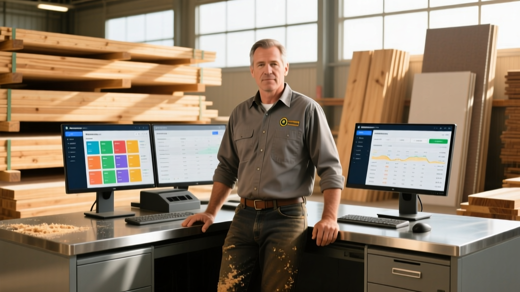 Lumber yard manager reviewing digital building material orders on a dual-monitor POS system with stacked timber and drywall in the background