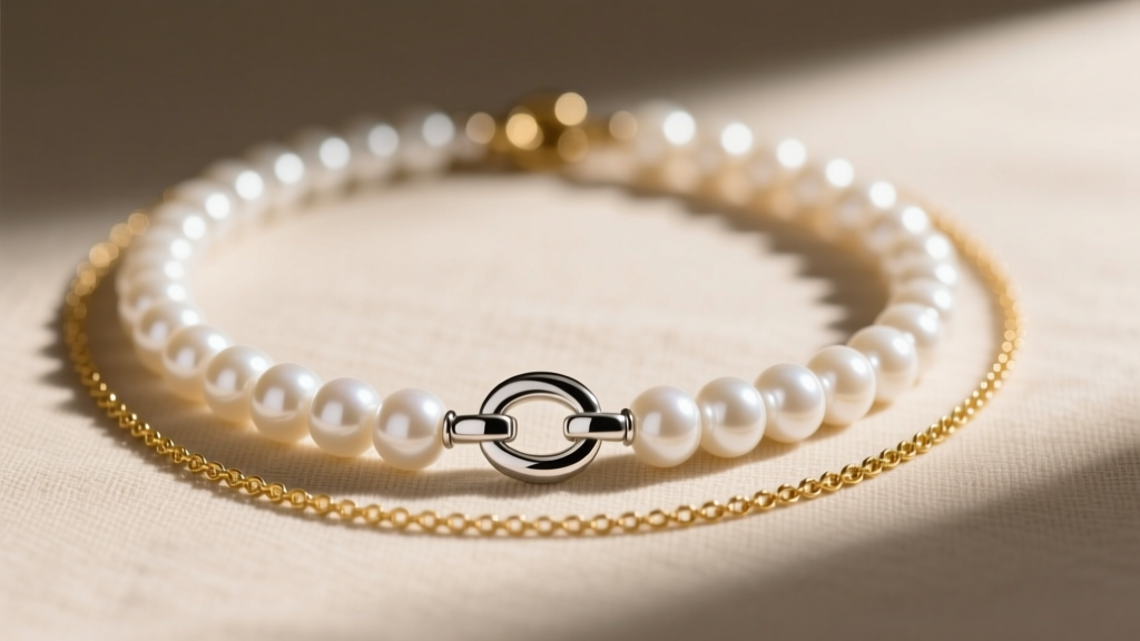Macro shot of a sterling silver pause necklace layered with a 14-inch pearl choker and a 20-inch delicate gold satellite chain