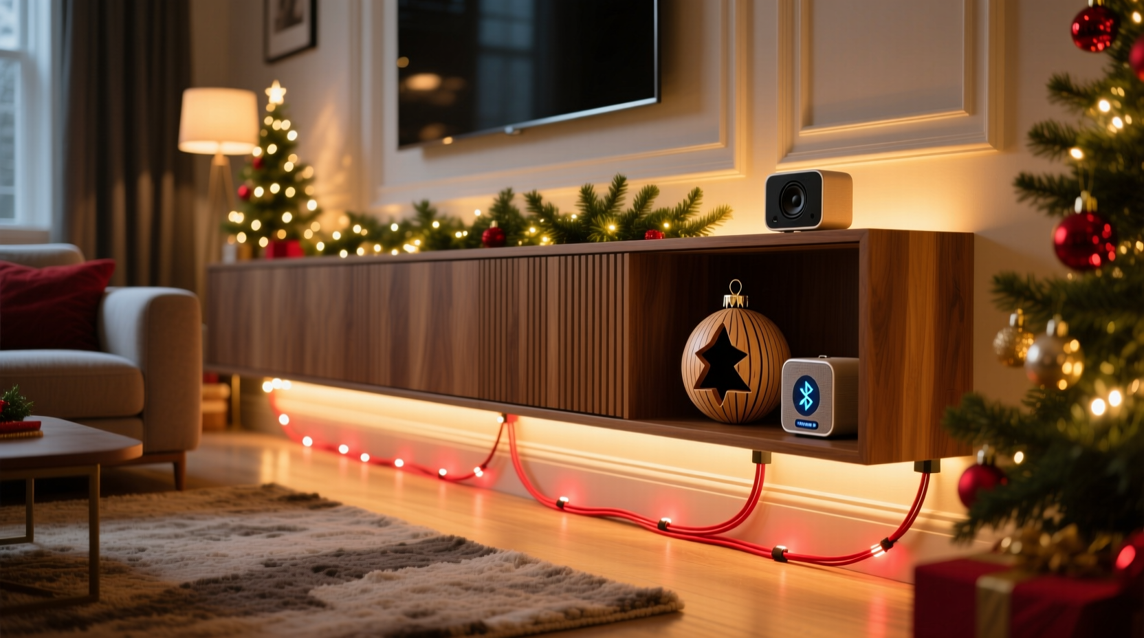 how to hide speaker wires while playing christmas music through smart lights
