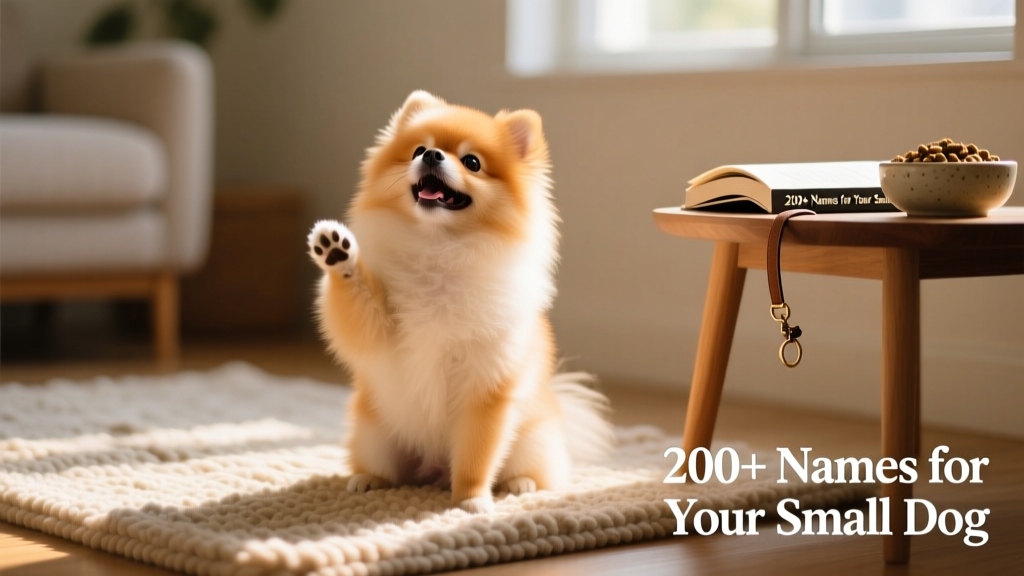 A joyful small dog sitting on a sunlit rug, looking up with bright, curious eyes
