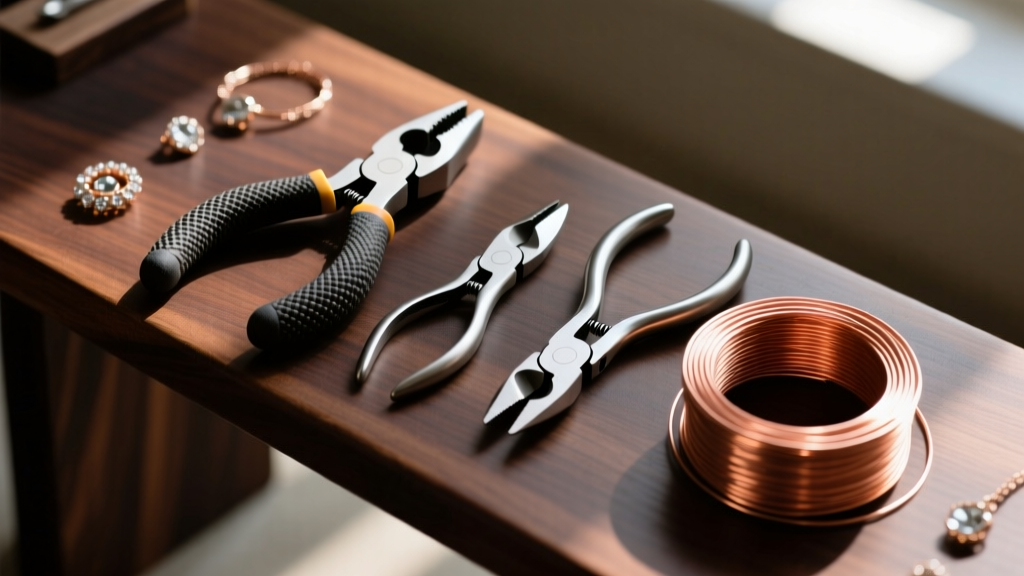 Top-down view of jewelry making supplies tools, including nylon jaw pliers, flush cutters, and copper wire on a dark wooden bench