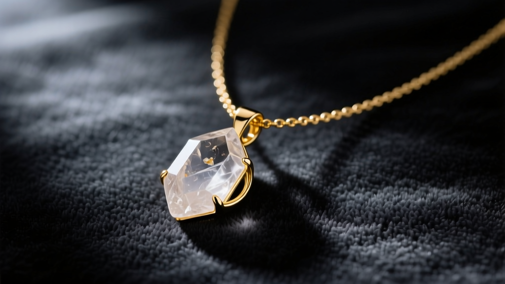 Sculptural gold vermeil necklace with raw quartz pendant resting on dark charcoal velvet under soft studio lighting.