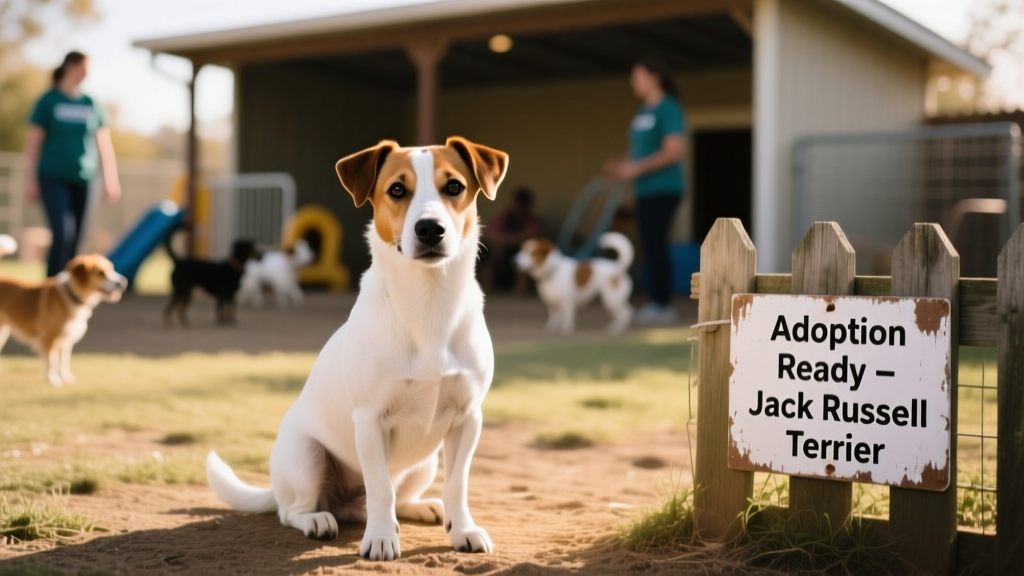 A calm, well-groomed Jack Russell Terrier sitting confidently in a shelter play yard with soft lighting and gentle background activity