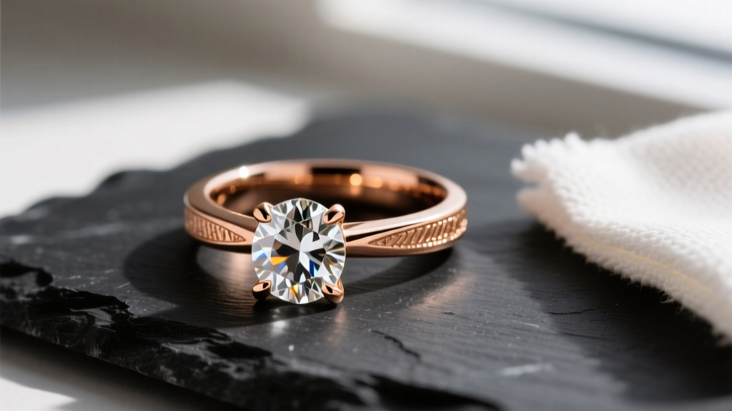 Macro shot of a custom 18k rose gold ring with a raw diamond on dark slate next to a soft microfiber polishing cloth