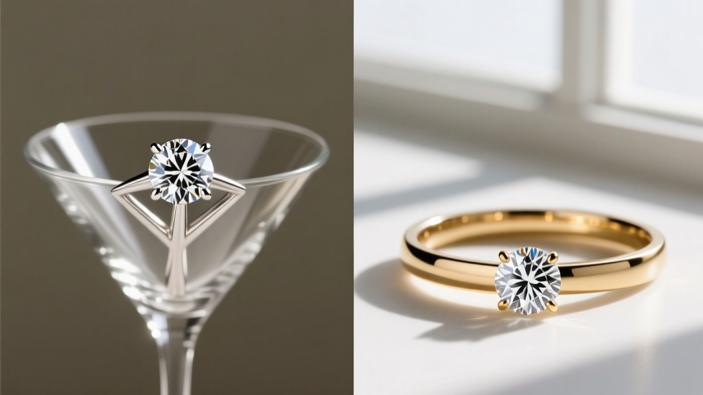 Side profile comparing a four-prong martini setting and a sleek bezel setting holding identical half-carat round cut diamonds.