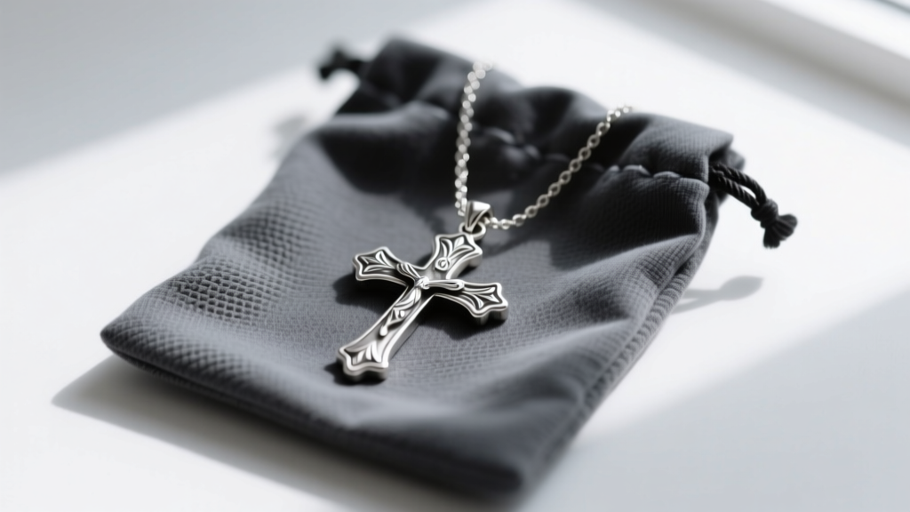 Polished vintage silver cross necklace resting inside a dark grey anti-tarnish cloth pouch to prevent future silver oxidation.