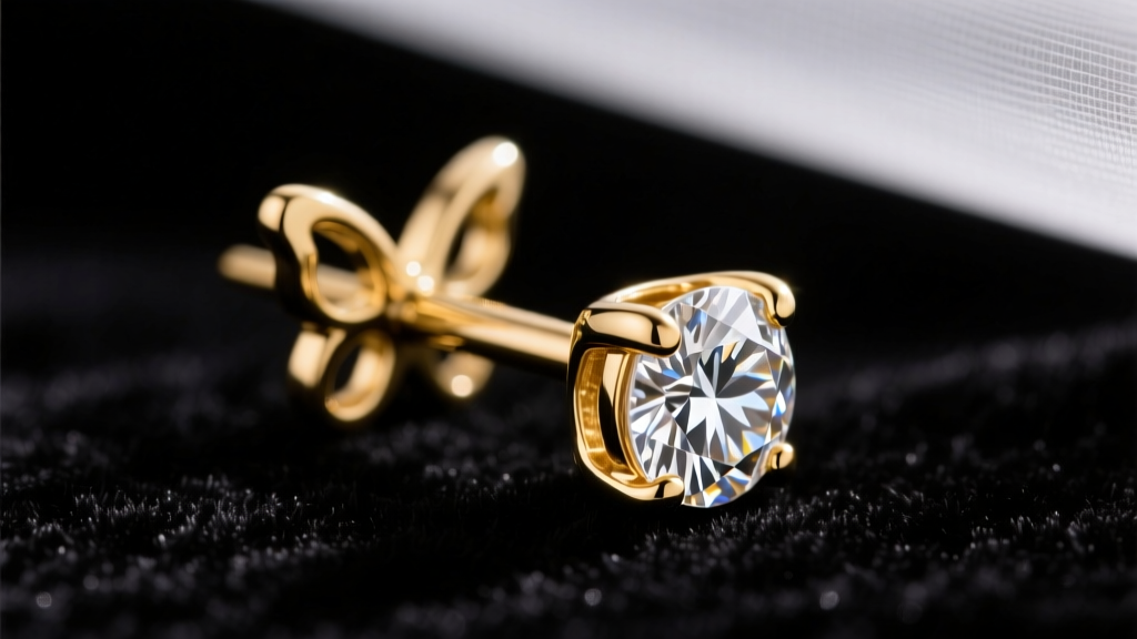 Macro photo of a 14k gold diamond stud earring with a stuck butterfly back, lit by soft studio lighting on dark velvet