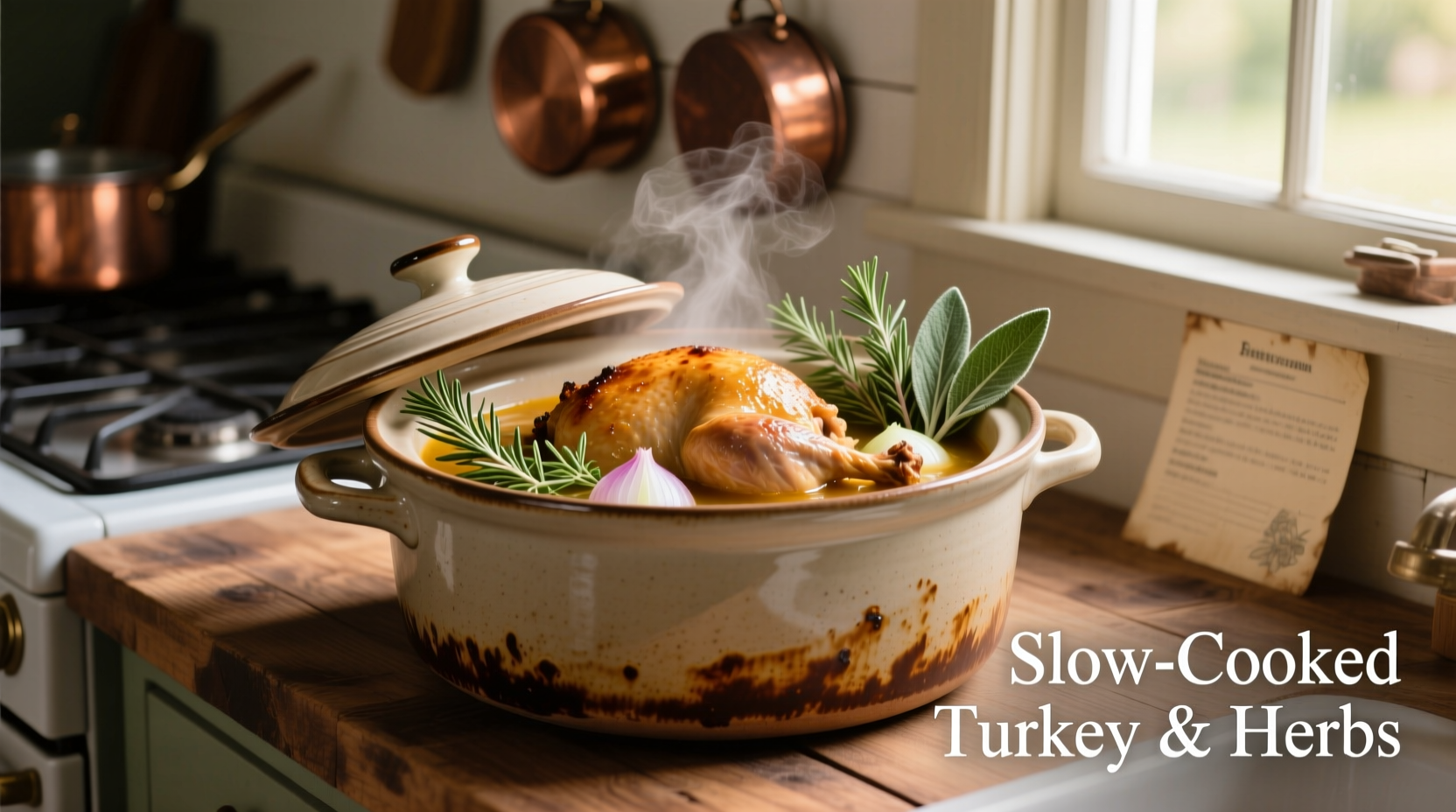 Slow cooker with turkey and herbs