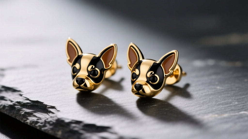 Macro shot of 14k gold chihuahua stud earrings with black and tan enamel details on textured slate under soft directional lighting.