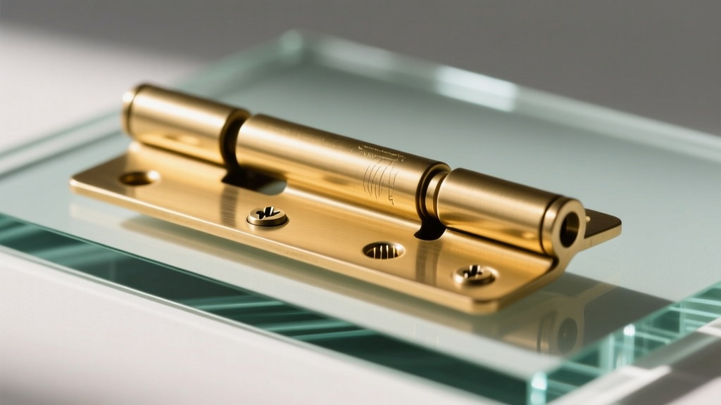 Macro shot of a solid brass piano hinge on thick beveled float glass, showing precise screw placement and highly polished edges.