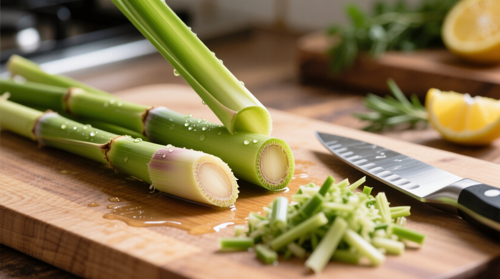 Fresh lemongrass stalks being prepared for cooking