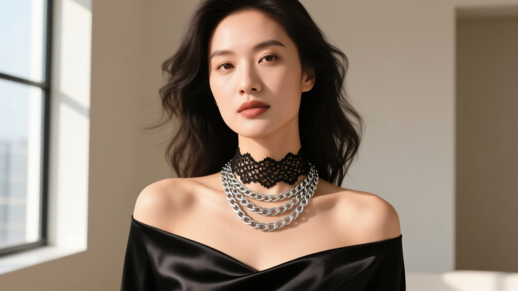 Editorial shot of a woman in an off-the-shoulder black silk top wearing a layered lace and silver chain sexy choker necklace