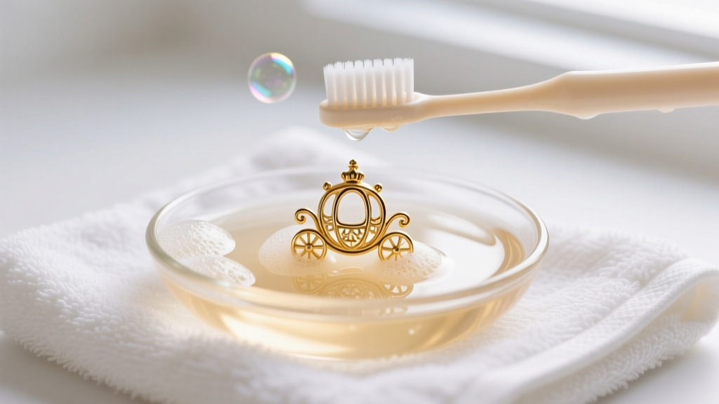 Glass bowl of warm soapy water and a soft baby toothbrush cleaning a gold-plated Cinderella carriage drop earring on a white towel.