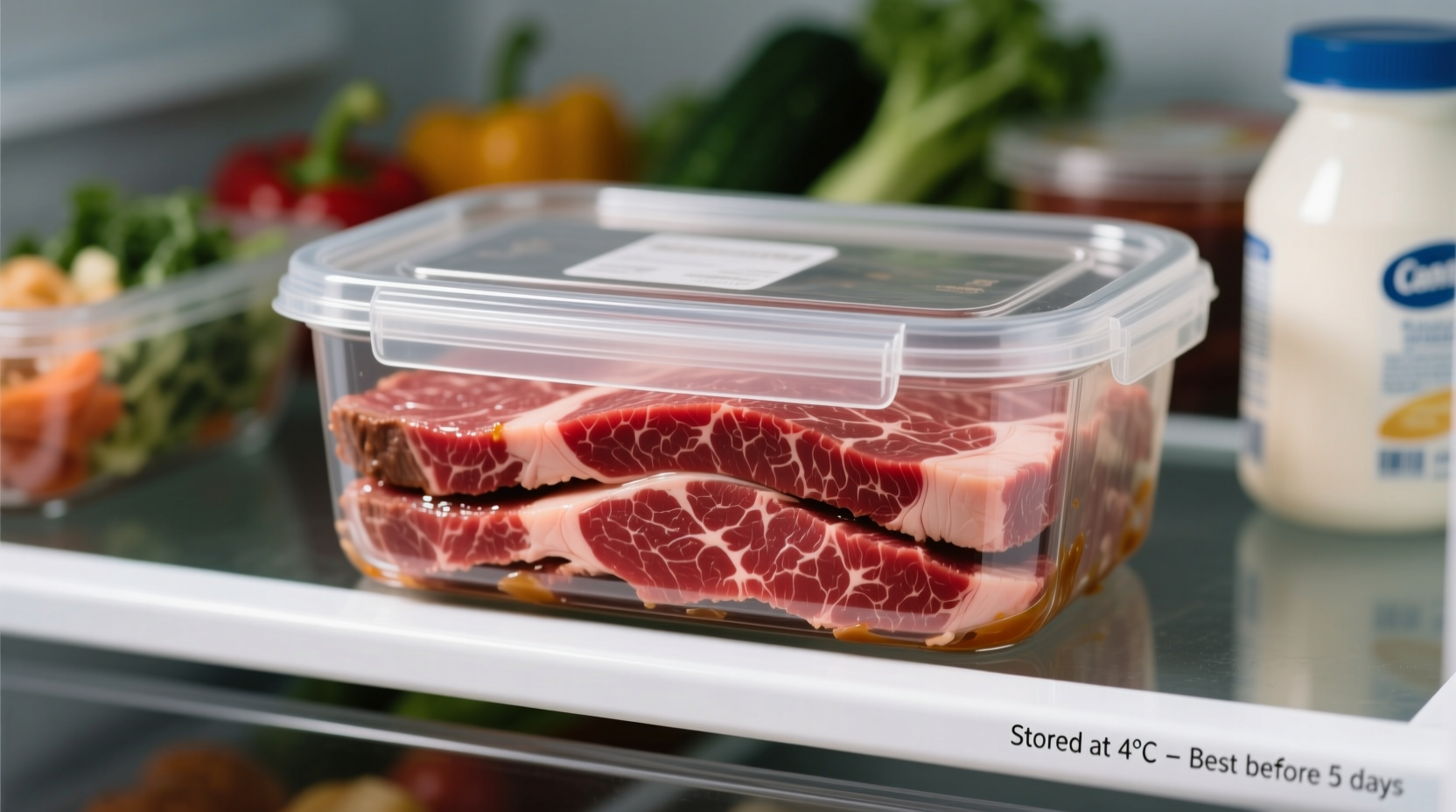 Properly stored cooked beef in airtight containers in refrigerator