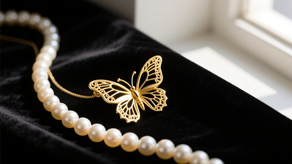 A delicate gold butterfly pendant resting on a strand of cream freshwater pearls against dark velvet fabric.