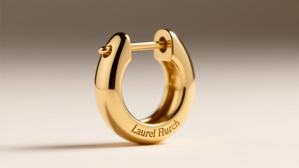 Macro photography of the back of a vintage Laurel Burch earring showing the stamped hallmark and gold-plated omega clasp mechanism