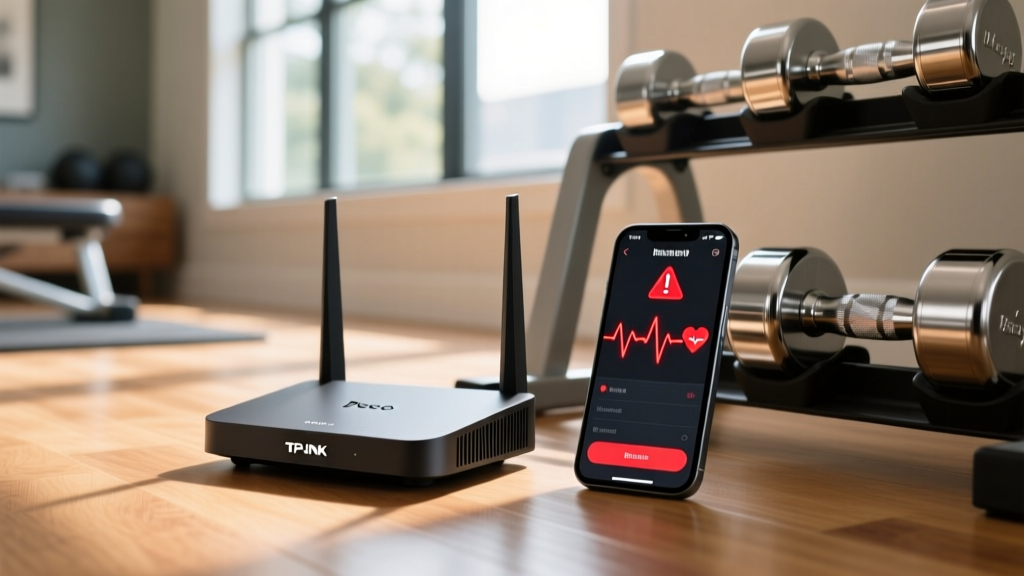 TP-Link Deco mesh router node next to dumbbell rack with smartphone displaying heart rate app showing Bluetooth signal dropout errors