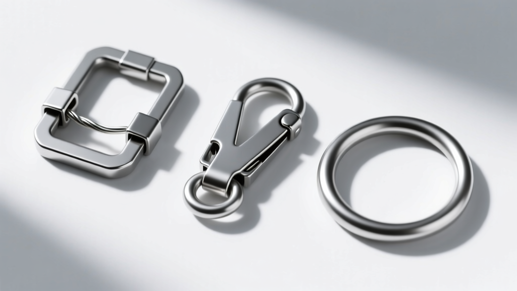 Overhead photo of three 60mm hoop closures on white: a V-wire latch-back, a hinged snap clasp, and an endless hoop design.