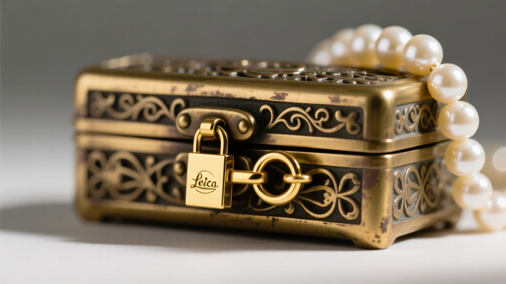 Close-up of a vintage pearl necklace brass box clasp with a new 18k gold figure-8 safety catch under a soft spotlight