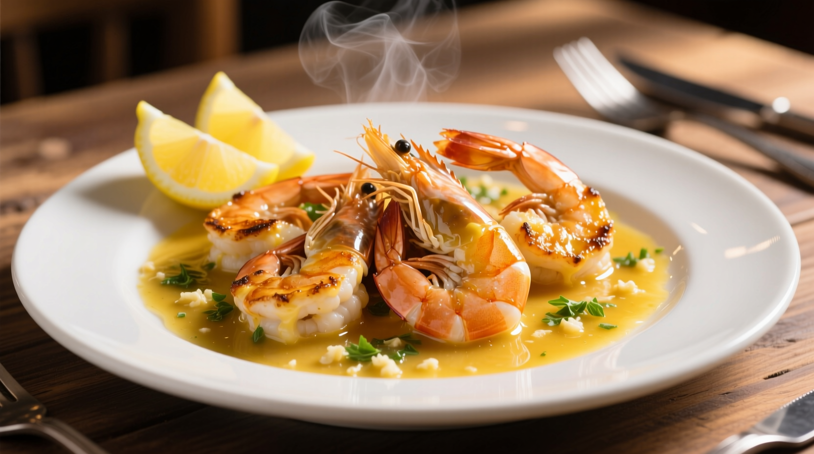 Golden shrimp in garlic butter sauce with lemon wedges
