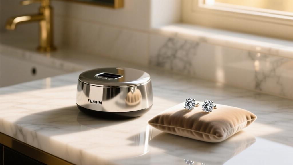 Ultrasonic jewelry cleaner on a marble vanity, with diamond stud earrings resting beside it in soft natural window light
