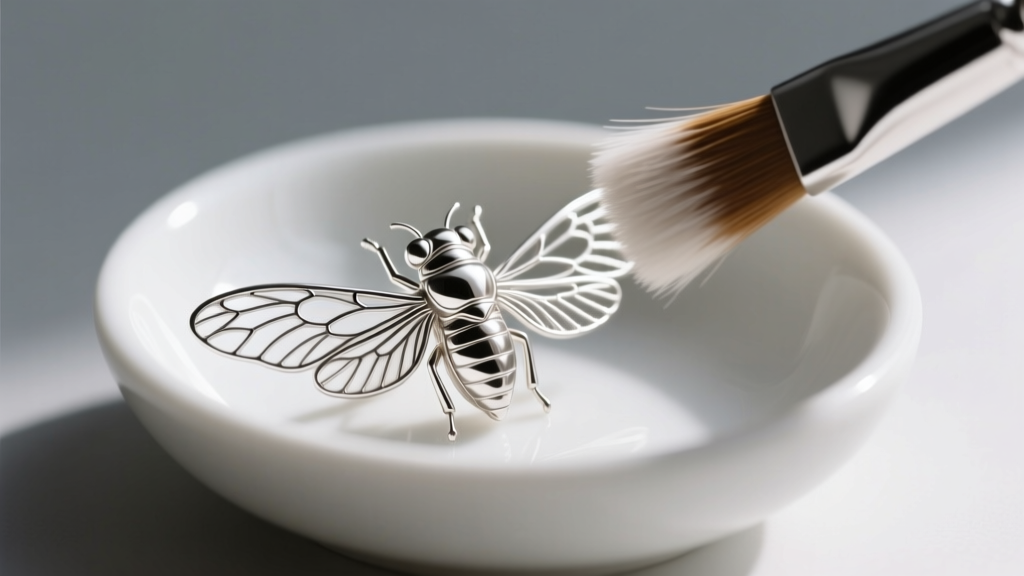 Soft brush gently cleaning the intricate filigree wings of a sterling silver cicada earring inside a small white ceramic bowl