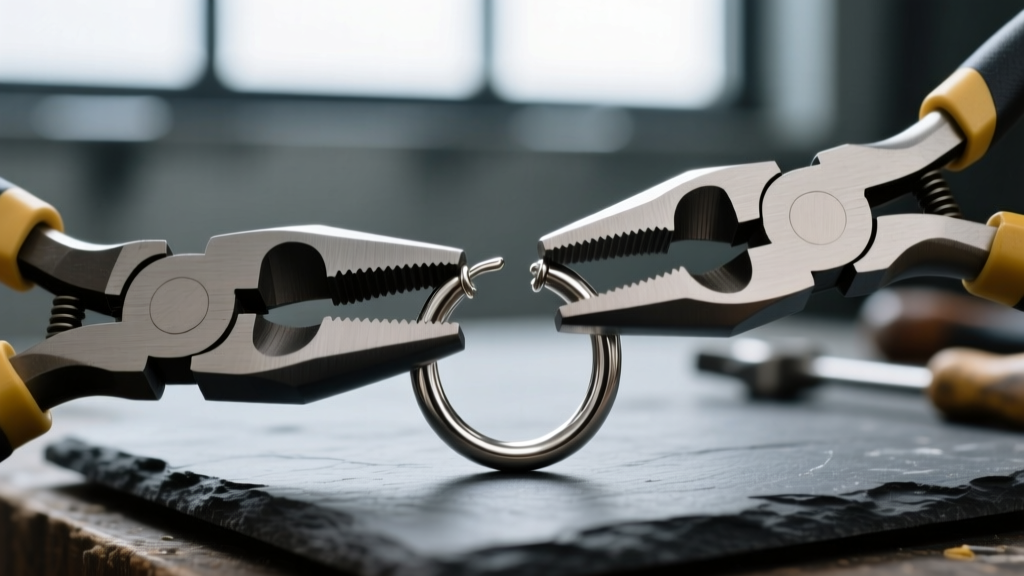 Two flat-nose pliers twisting open a 16-gauge titanium earring jump ring on a dark slate workbench, highly detailed macro focus.