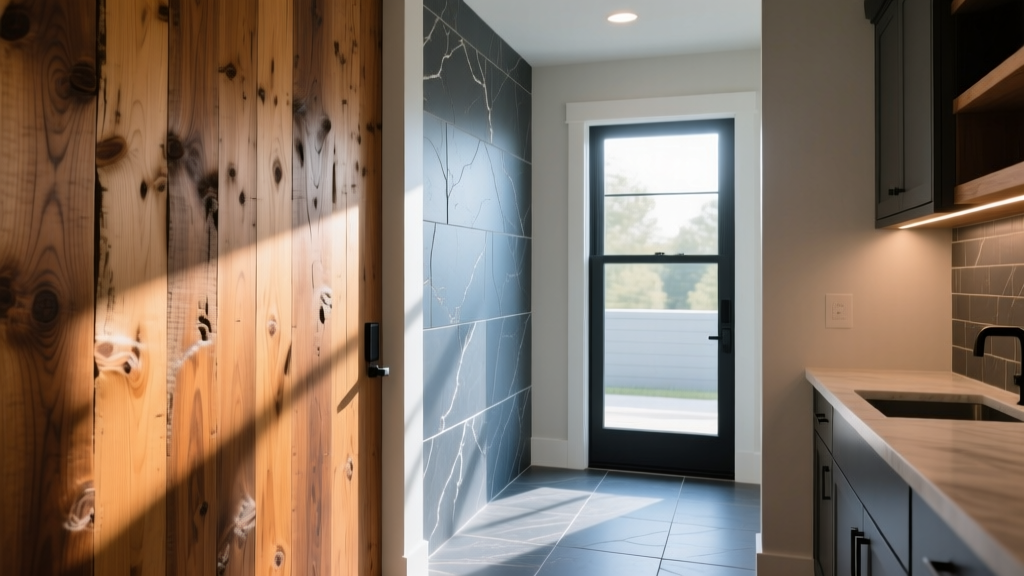 Close-up of distressed hickory hardwood planks and honed slate tiles installed in a sunlit, high-traffic modern mudroom entryway
