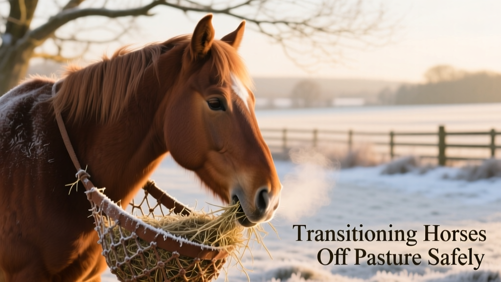 Close-up of a horse eating from a slow-feed hay net in a winter paddock