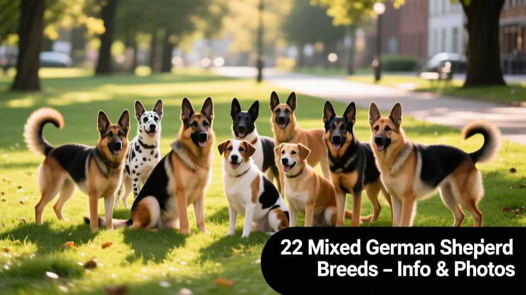 A diverse group of German Shepherd mixes posing together in a sunny park setting
