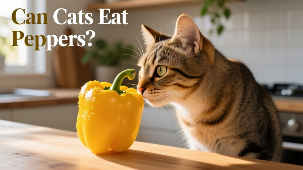 a cat sniffing a yellow bell pepper from the side