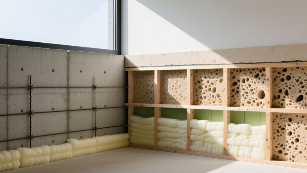 Cross-section of a poured concrete wall with foam insulation next to a timber-framed hempcrete wall with lime render.