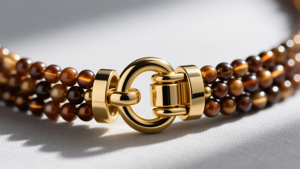 Close-up of a brushed gold magnetic barrel clasp securing a six-strand seed bead necklace, highlighting the interlocking mechanism