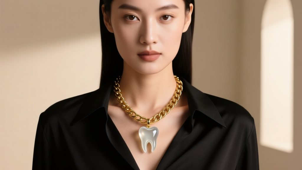 Woman wearing an 18-inch gold rolo chain with a small resin-cast tooth necklace holder pendant resting softly against her collarbone.