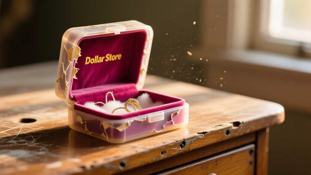 Cheap plastic dollar store jewelry box with peeling synthetic velvet lining resting on a scratched wooden dresser in warm light.