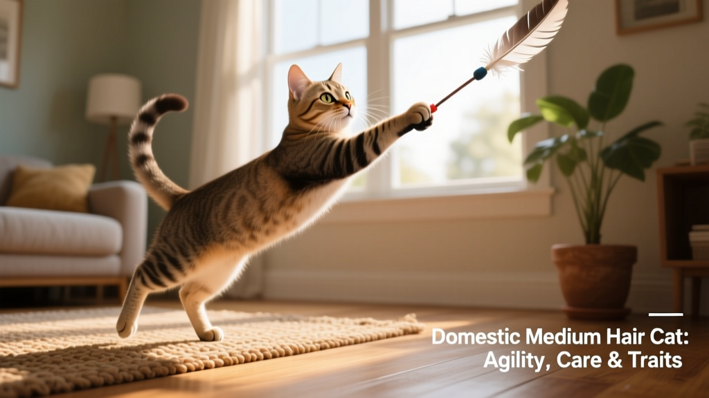 A Domestic Medium Hair cat playing gently with a feather wand toy, showcasing agility and playful energy