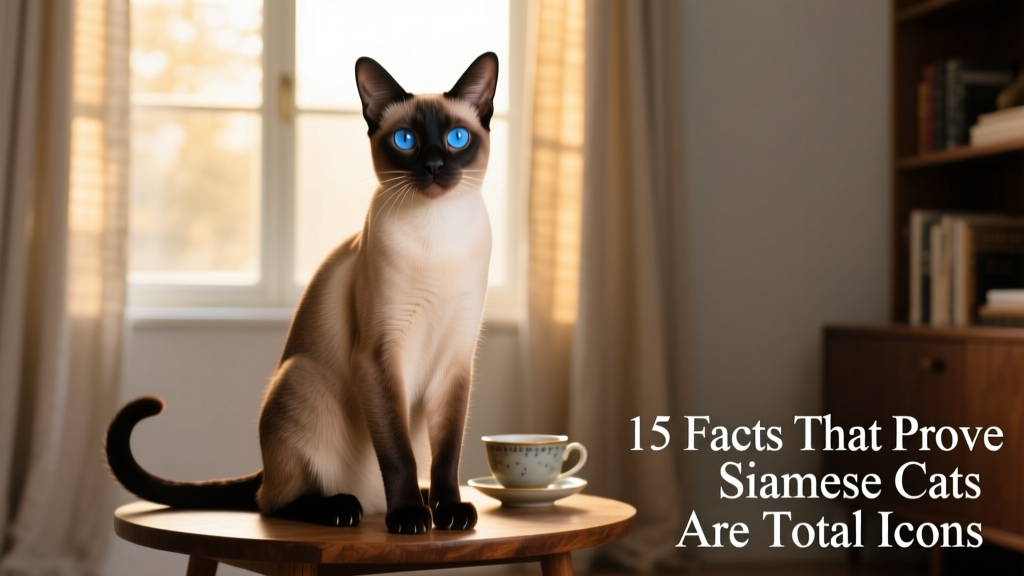 A sleek, elegant Siamese cat sitting upright with striking blue eyes and dark point markings on ears and face