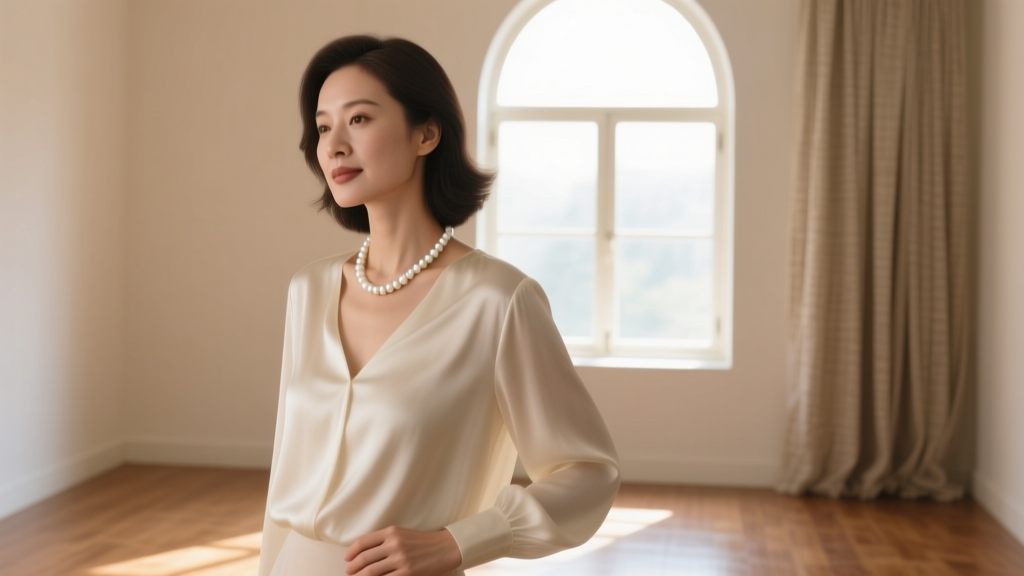 Elegant woman in her thirties wearing a single strand vintage white bead necklace over a cream silk blouse in natural daylight