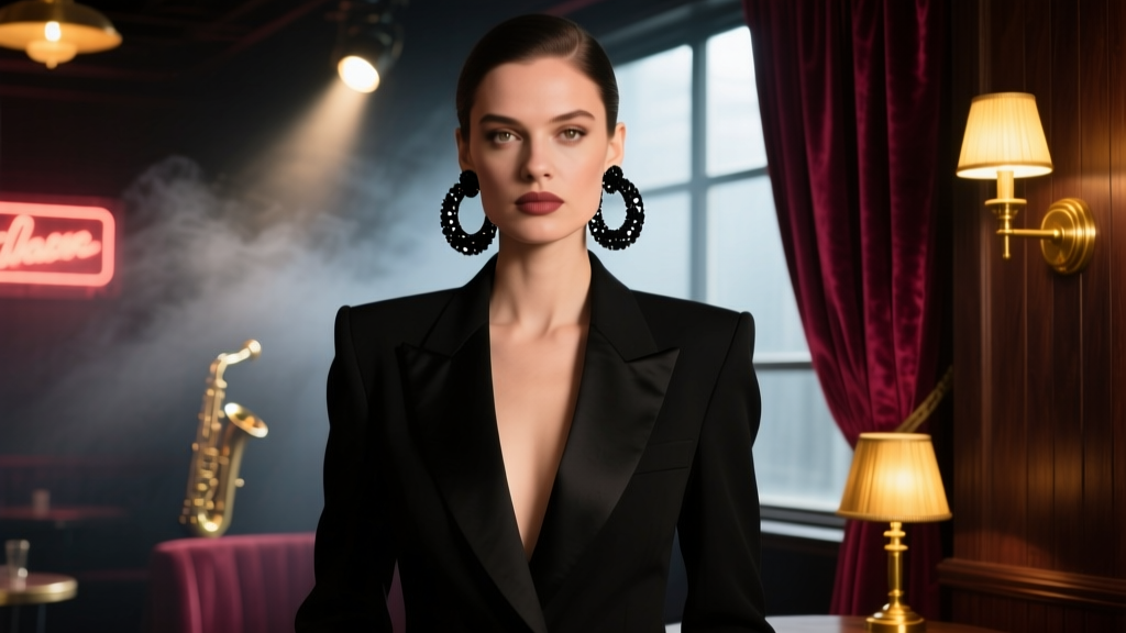 Woman in a black tuxedo blazer wearing black sequin ear cuffs and hoops, photographed in a moody, dimly lit jazz club setting.
