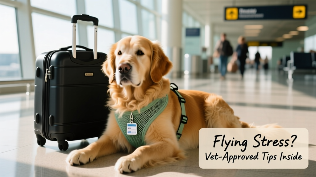 A calm dog wearing a soft, breathable travel harness sitting beside a carry-on bag at an airport gate