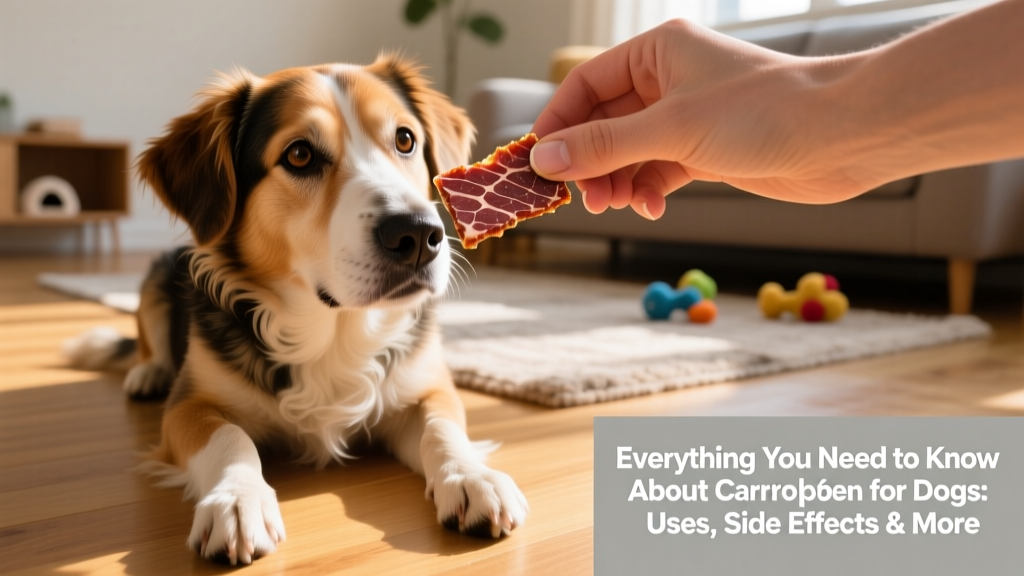 A calm dog accepting a chewable carprofen tablet from a hand, with visible meaty texture and flavor