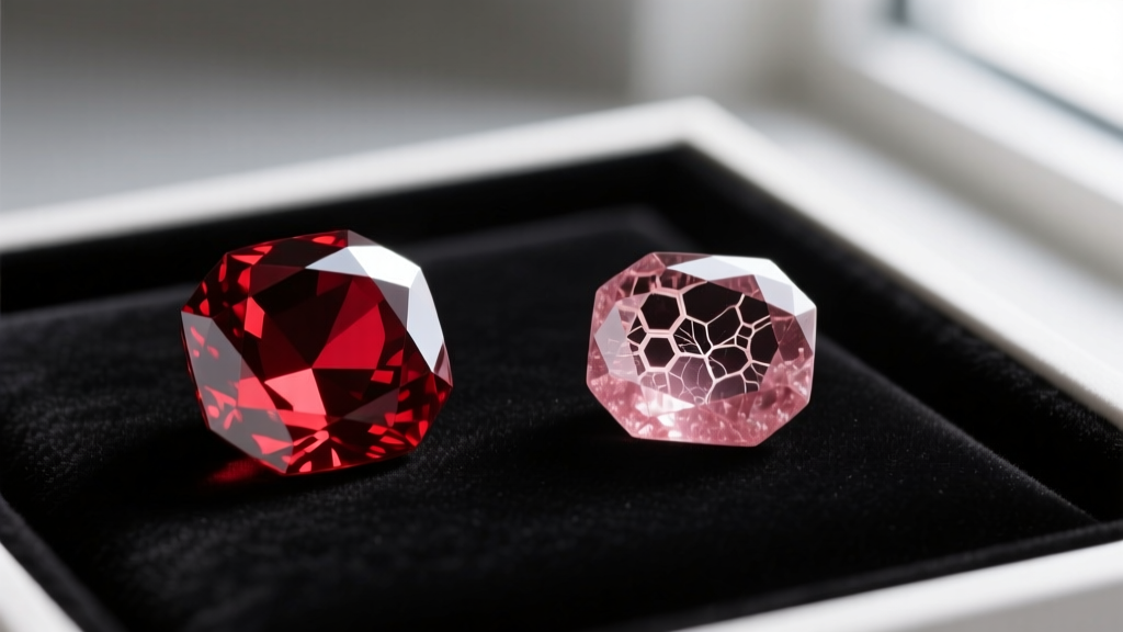 Macro comparison of a lab-grown ruby and a natural ruby with visible crystal inclusions, resting on a dark velvet jeweler