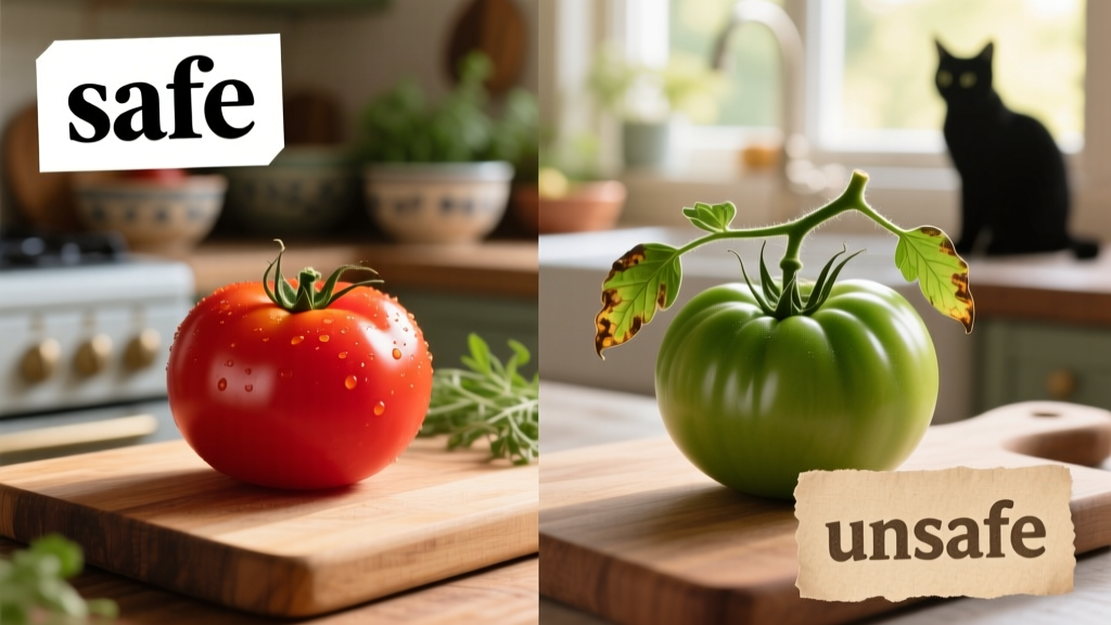 Side-by-side comparison: a vibrant red ripe tomato on one side, and a green unripe tomato with leaves and stem on the other—clearly labeled 'safe' and 'unsafe' for cats