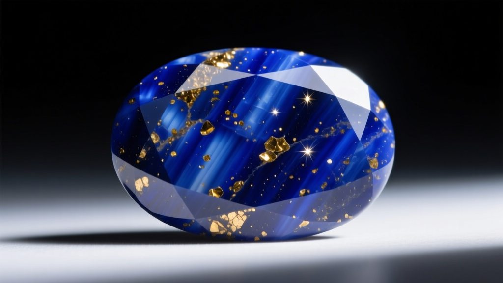 Extreme macro close-up of AAA grade vintage lapis lazuli cabochon showing deep royal blue color with tiny golden pyrite flecks