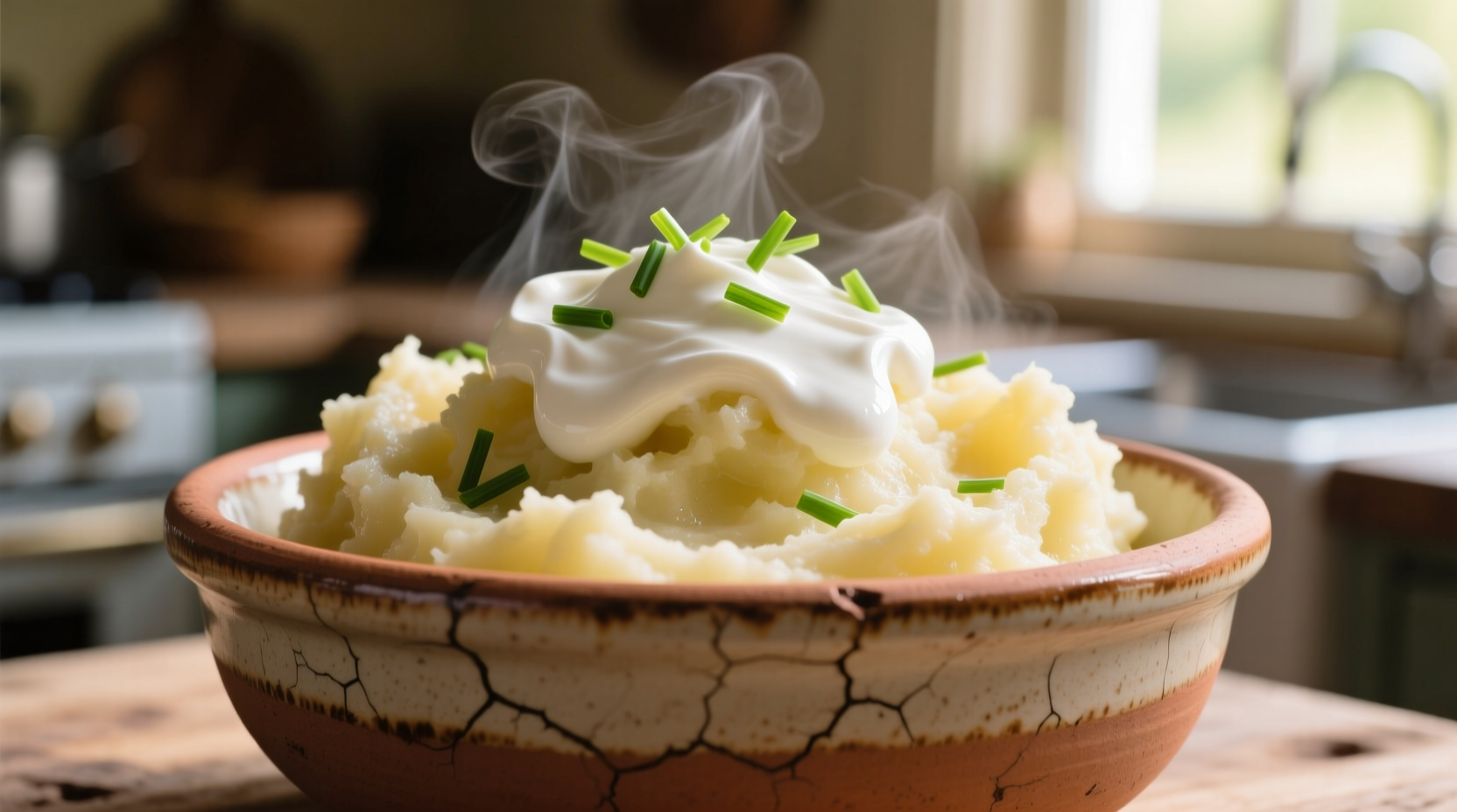 Creamy mashed potatoes with sour cream in rustic bowl