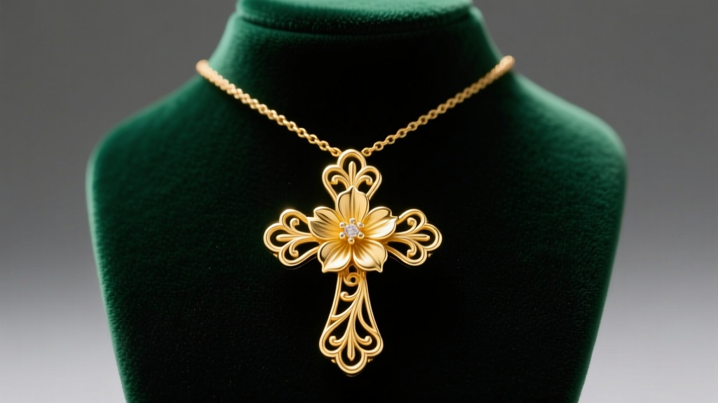 14k yellow gold flower cross necklace resting on dark emerald velvet jewelry display bust under soft, warm studio lighting