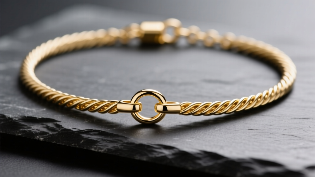 Macro photography of a 14k gold vermeil over sterling silver cable chain necklace resting on dark slate, highlighting the clasp