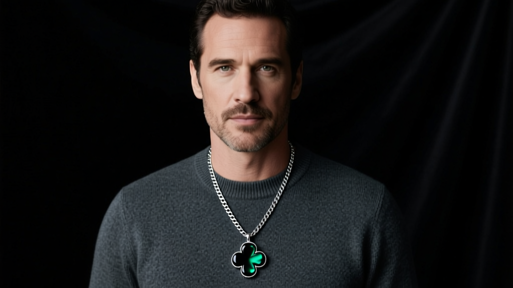 Man wearing an 18mm black onyx clover pendant on a 3mm silver Cuban chain over a dark crewneck sweater in moody studio lighting.