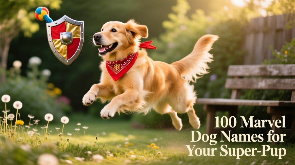 A playful golden retriever wearing a miniature shield-shaped bandana, mid-leap toward a toy 'shield'