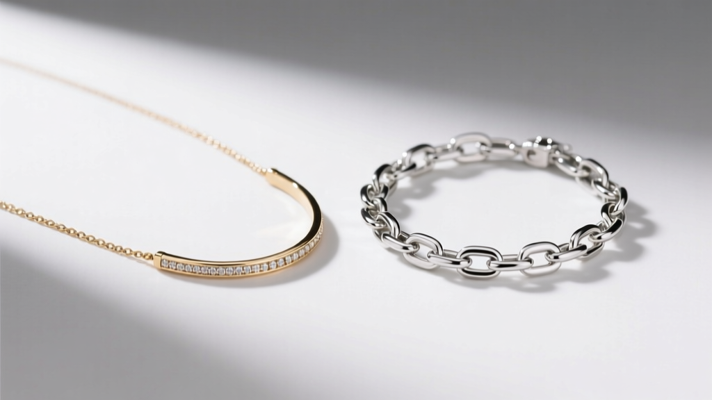 A dull 14k white gold necklace beside a freshly polished rhodium chain gleaming brightly under professional studio lighting setup